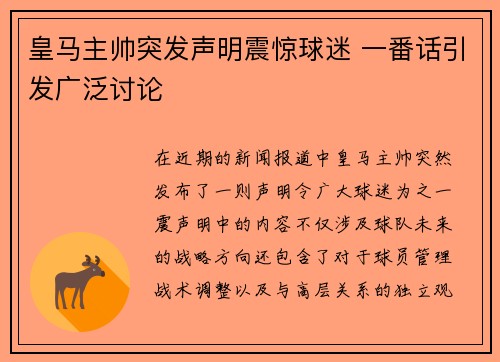 皇马主帅突发声明震惊球迷 一番话引发广泛讨论
