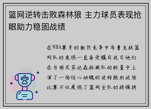 篮网逆转击败森林狼 主力球员表现抢眼助力稳固战绩